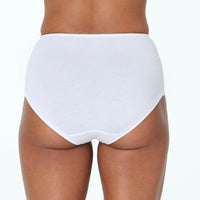 Model wears Embrace Full Brief in WHITE. On body back view