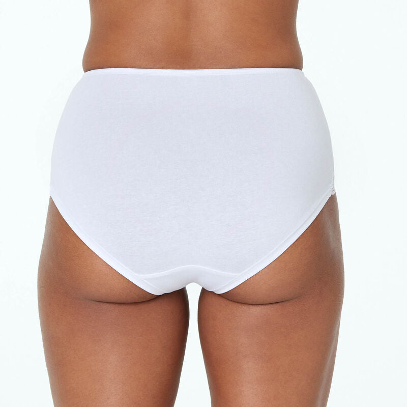 Model wears Embrace Full Brief in WHITE. On body back view