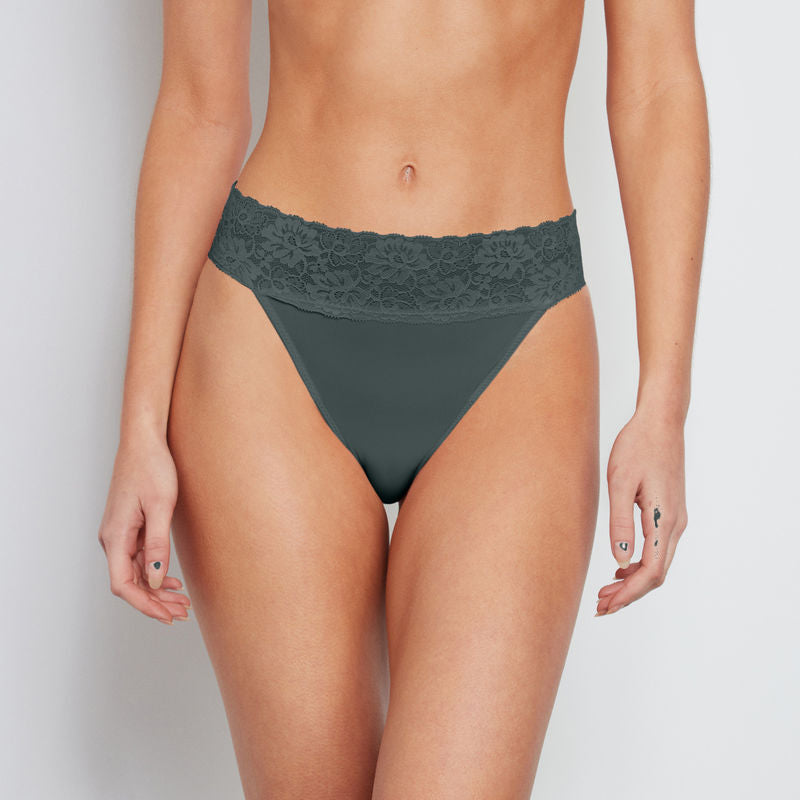 Model wears Lace Trim High Cut Brief in URBAN CHIC. On body front view