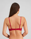 Model wears Morning Lola Underwire Bra in JESTER RED. On body back view