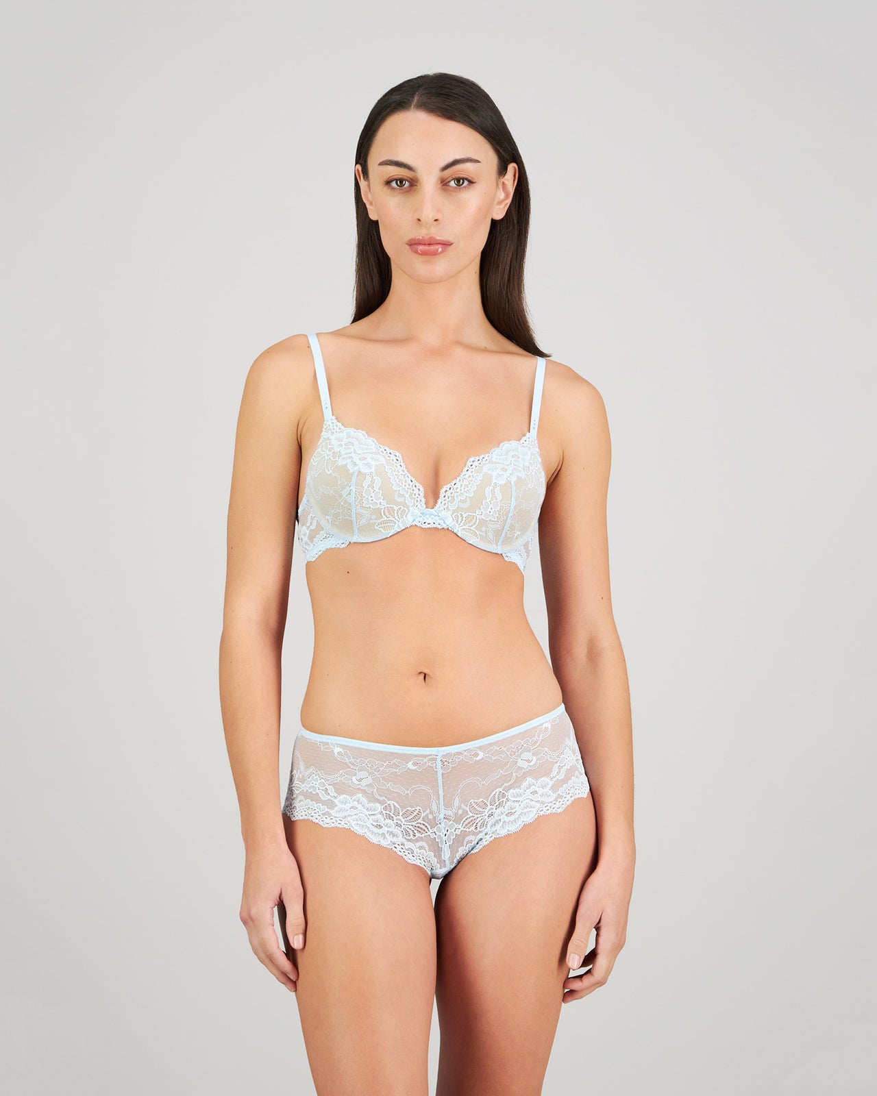 My Fit Lace Brazilian in OMPHALODES. Flat lay back view