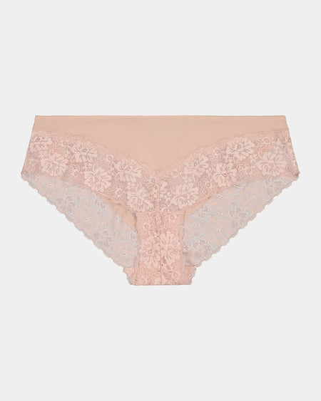 Lace Trim Brazilian in LATTE. Flat lay front view