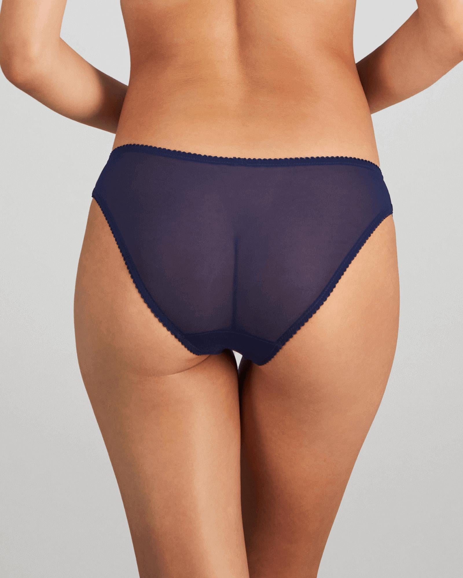 Model wears Sofia Bikini in Medieval Blue. On body back view