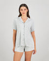 Model wears Belle Bamboo Short PJ in LIGHT GREY MARLE. On body front view