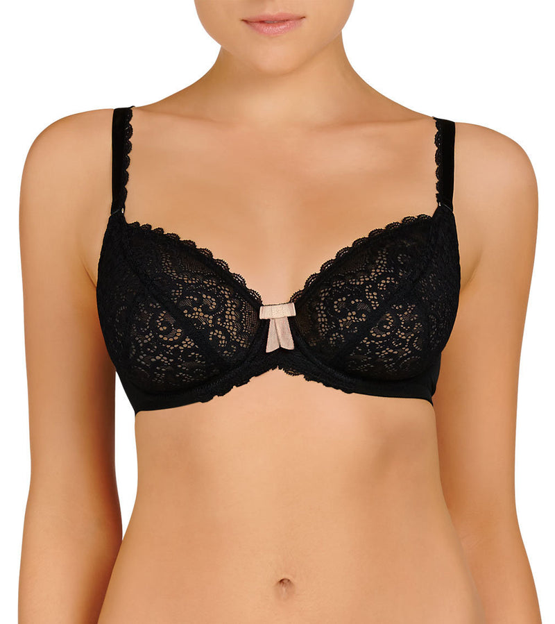 Model wears Ece Queen Underwire Bra in BLACK/SOFT PINK. On body front view