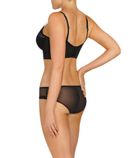 Model wears Night Sky Contour Long Line Bra in BLACK. On body back view