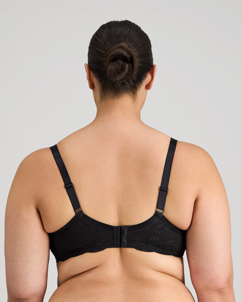 Model wears Lace Perfect Contour Bra in BLACK. On body back view