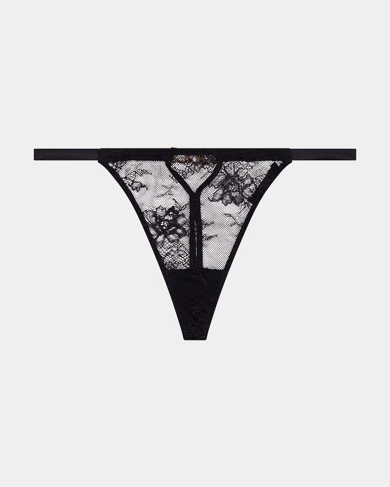 Scarlet Lover Thong in BLACK. Flat lay front view