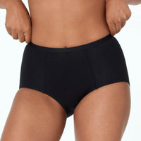 Model wears Body Cotton Full Brief in BLACK. On body front view