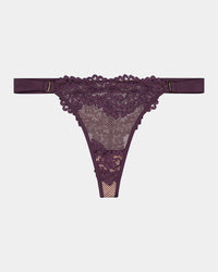 Nova Rosa Thong in PLUM PERFECT. Flat lay front view