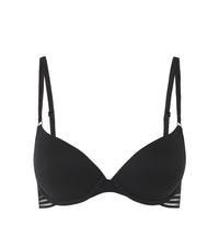 Stripe Elastic & Papertouch Push Up Bra in BLACK. Flat lay front view