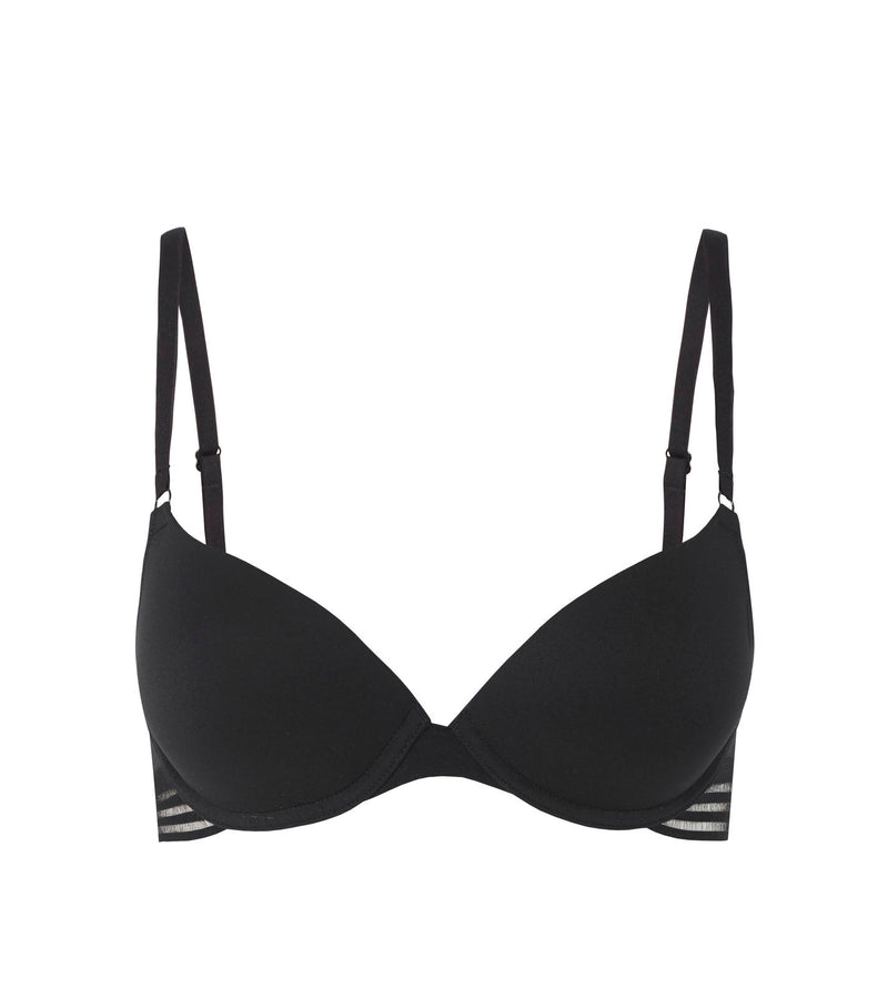 Stripe Elastic & Papertouch Push Up Bra in BLACK. Flat lay front view