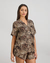 Model wears Dare To Dream Short Pj Set in WILD LYNX PRINT. On body side view