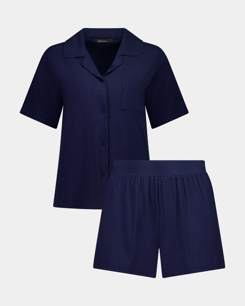 Belle Bamboo Short Pj Set in NAVY BLAZER. Flat lay front view