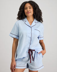 Model wears Whisper Weave Short Pj Set in SKYWAY. On body front view