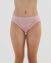 Model wears Lacey Bikini in SILVER PINK. On body front view