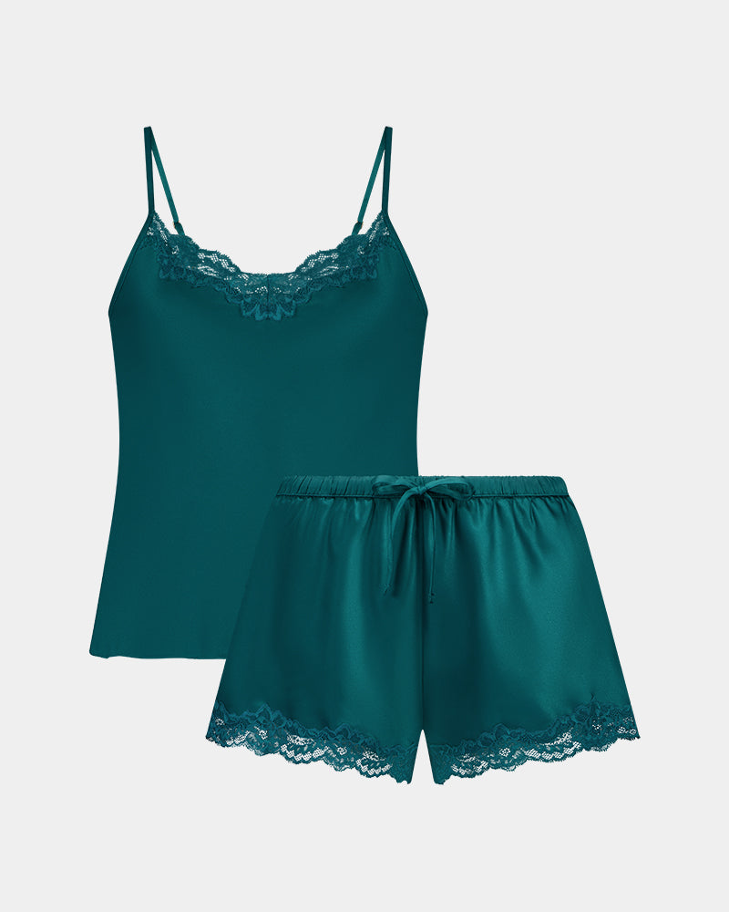 Sleigh The Night Cami & Short in EVERGLADE. Flat lay front view
