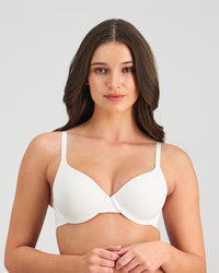Model wears Comfit Collection Contour Bra in WHITE. On body front view