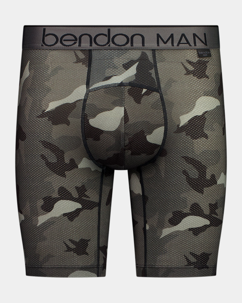 Everyday Active Mens Long Trunk Twin Pack in WINTER CAMO/BLACK. Flat lay front view