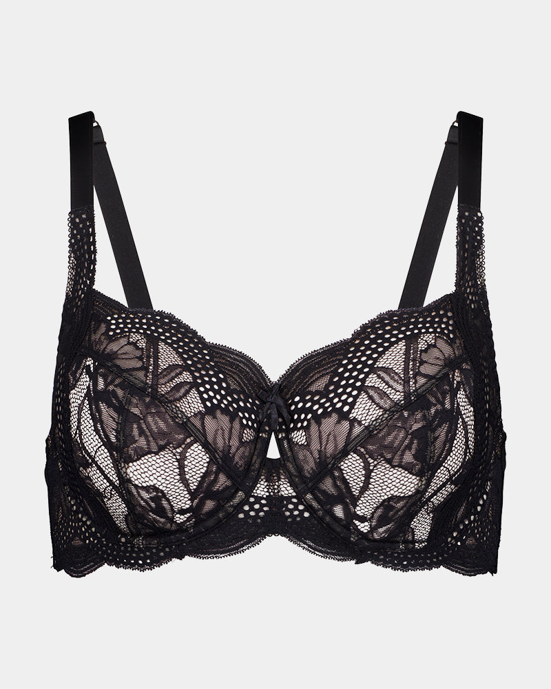 Aria Underwire Bra in BLACK. Flat lay front view