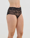 Model wears All Lacey Full Brief in BLACK. On body side view