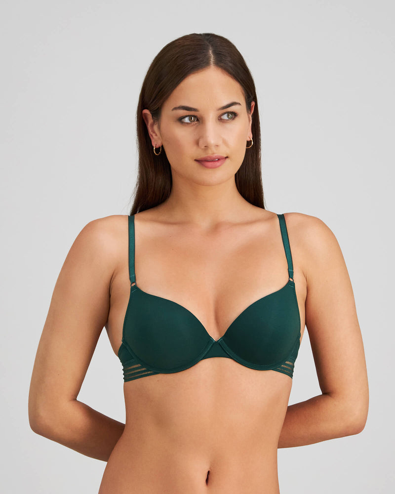 Model wears Stripe Elastic & Papertouch Push Up Bra in RAIN FOREST. On body front view