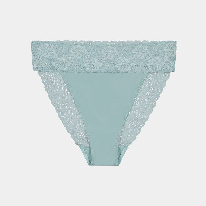 Lace Trim High Cut Brief in ETHER. Flat lay front view