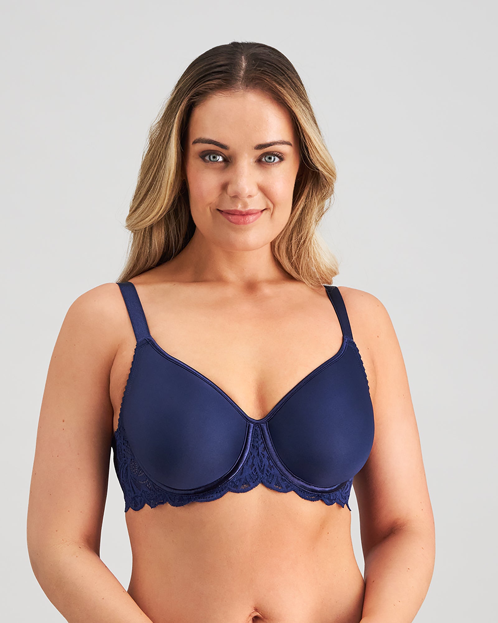 Model wears Lace Perfect Contour Bra in Medieval Blue. On body front view