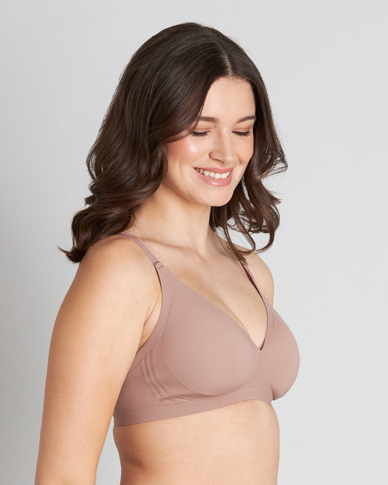 Model wears Comfit Collection Wire Free Bra in MOCHA. On body side view