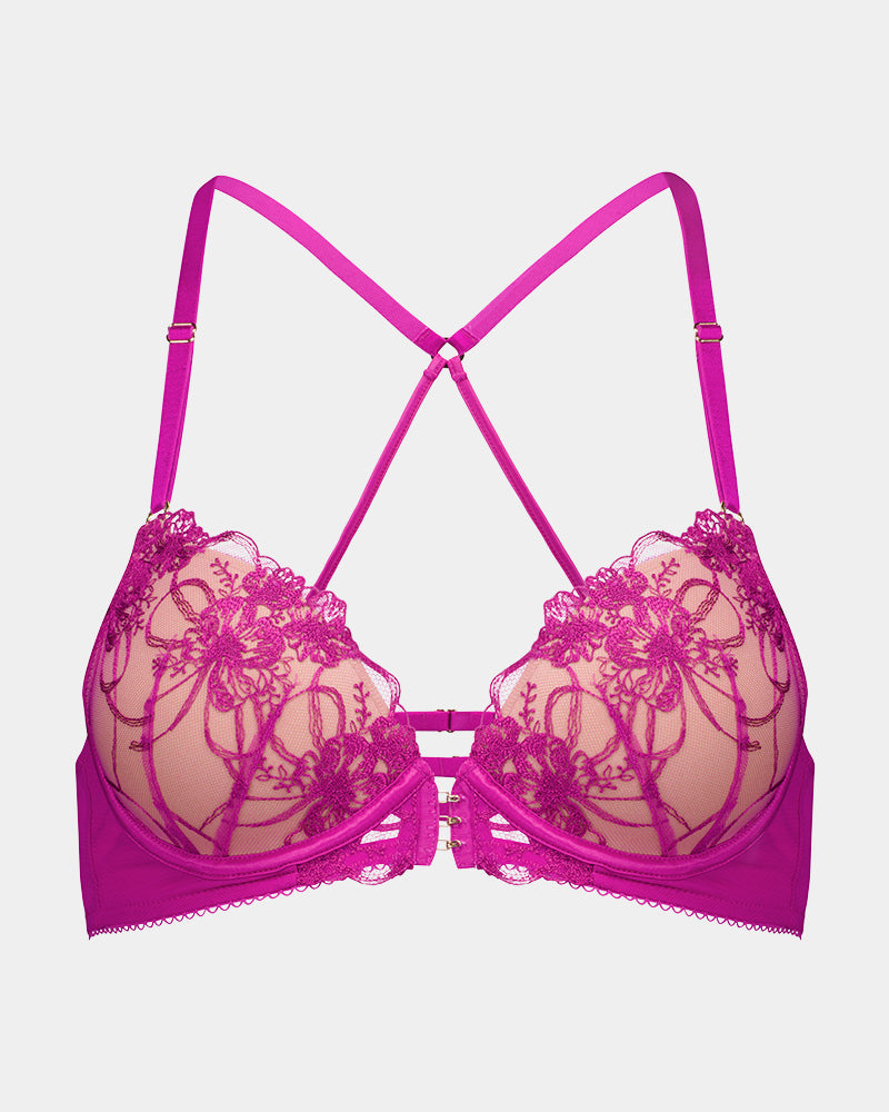 Heritage Bloom Push Up Front Opening Bra in FANTASY FUCHSIA. Flat lay front view
