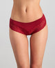 Model wears Lace Trim Brazilian in BIKING RED. On body front view