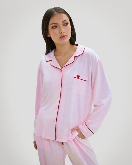 Model wears Dolce Long Pj in PINK MARLE. On body front view