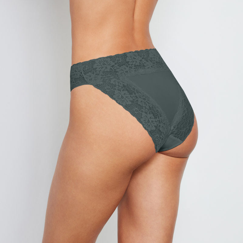 Model wears Lace Trim High Cut Brief in URBAN CHIC. On body back view