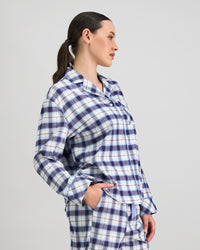 Model wears Cosy Flannel Long Sleeve Pj Top in NAVY BLAZER. On body side view