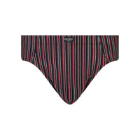Cotton Stretch Mens Brief in BLACK/RHUBARB STRIPE. Flat lay front view