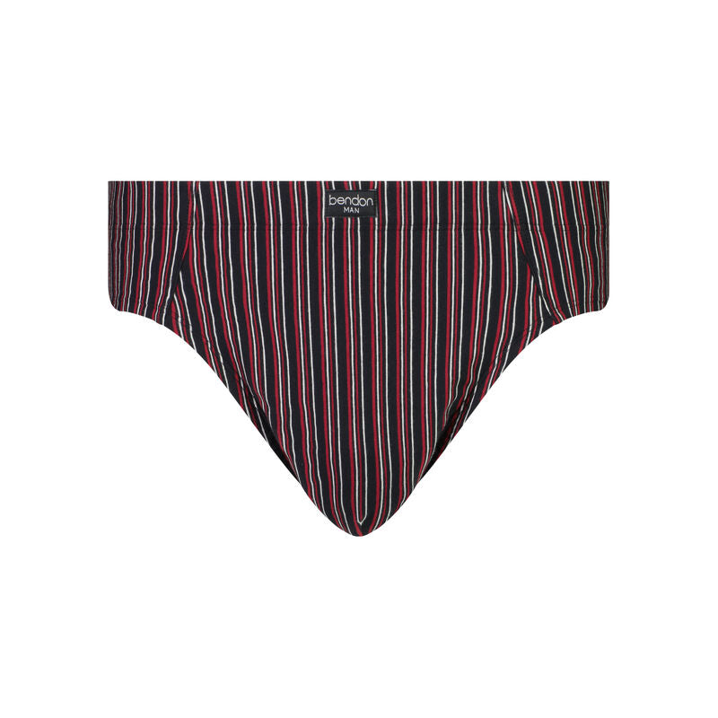 Cotton Stretch Mens Brief in BLACK/RHUBARB STRIPE. Flat lay front view