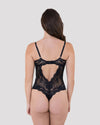 Model wears My Fit Lace Bodysuit in BLACK. On body back view