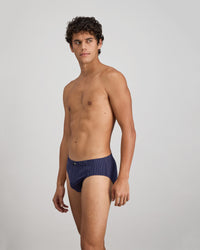 Cotton Stretch Mens Brief in PEACOAT PINSTRIPE. Flat lay back view