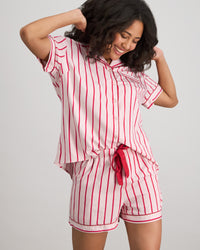 Cabana Stripe Short Pj Set in CANDY CANE. Flat lay back view