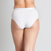 Model wears Cotton Logo Full Brief in WHITE. On body back view