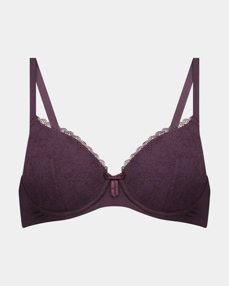 Hazel Contour Bra in PLUM PERFECT. Flat lay front view