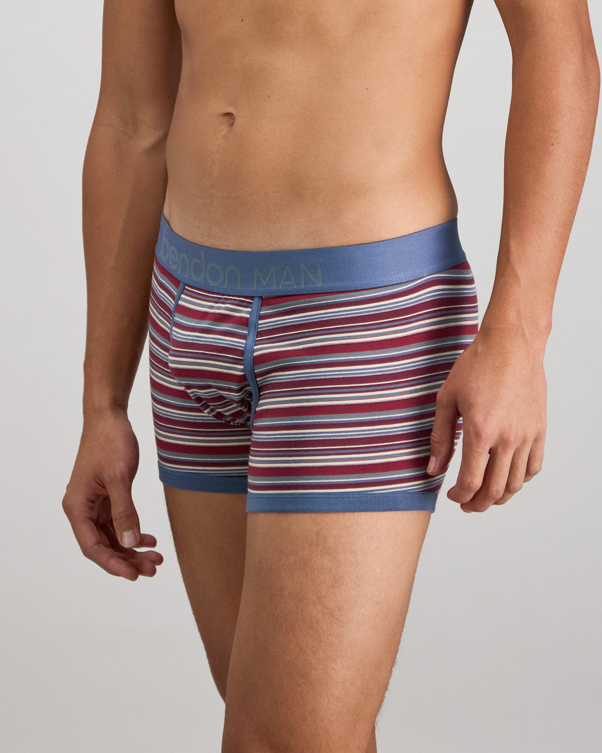 Model wears Bold Stripe Mens Trunk in INDIGO/FIG STRIPE. On body side view