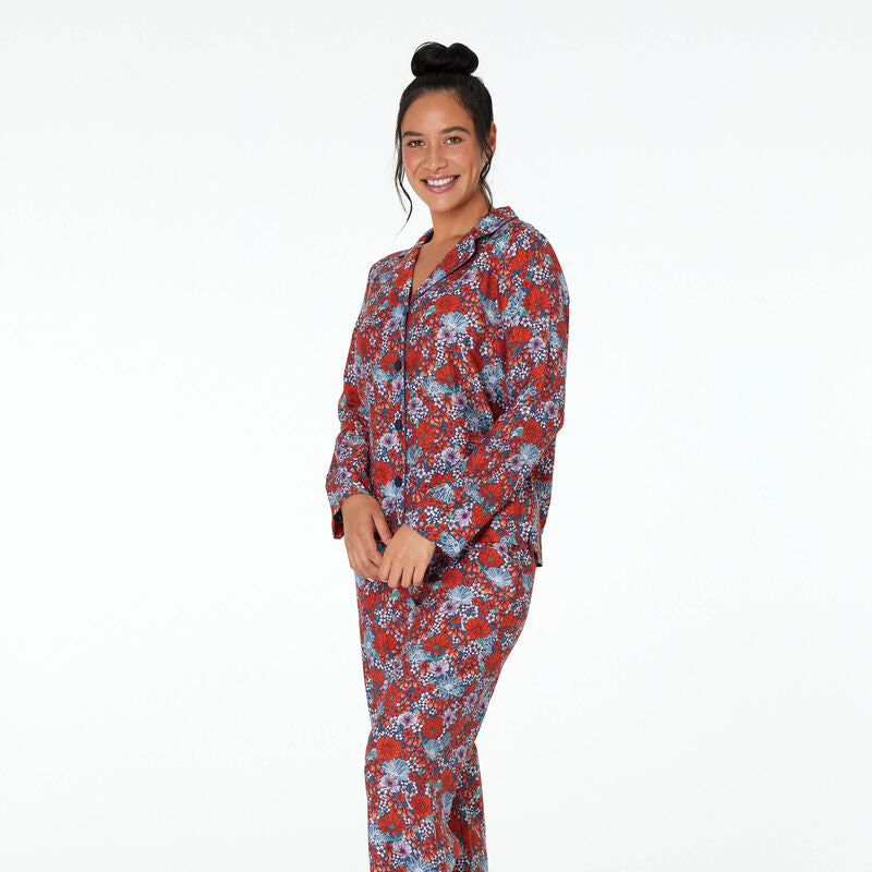 Model wears Marguerite Long Sleeve PJ Top in SAPPHIRE FLORAL PRINT. On body front view