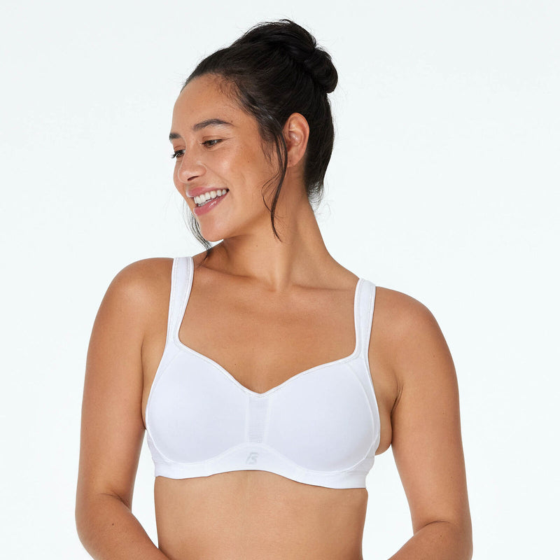 Model wears Active Contour Bra in WHITE. On body front view