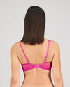 Model wears My Fit Lace Underwire Bra in FANTASY FUCHSIA. On body back view