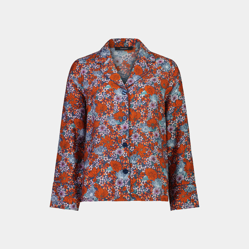 Marguerite Long Sleeve PJ Top in SAPPHIRE FLORAL PRINT. Flat lay front view