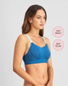 Model wears Bendon Breathe Contour Bra in INK BLUE. On body side view