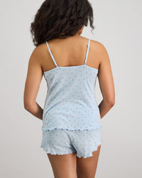 Model wears Smoothie Cami & Short Set in SKYWAY. On body back view