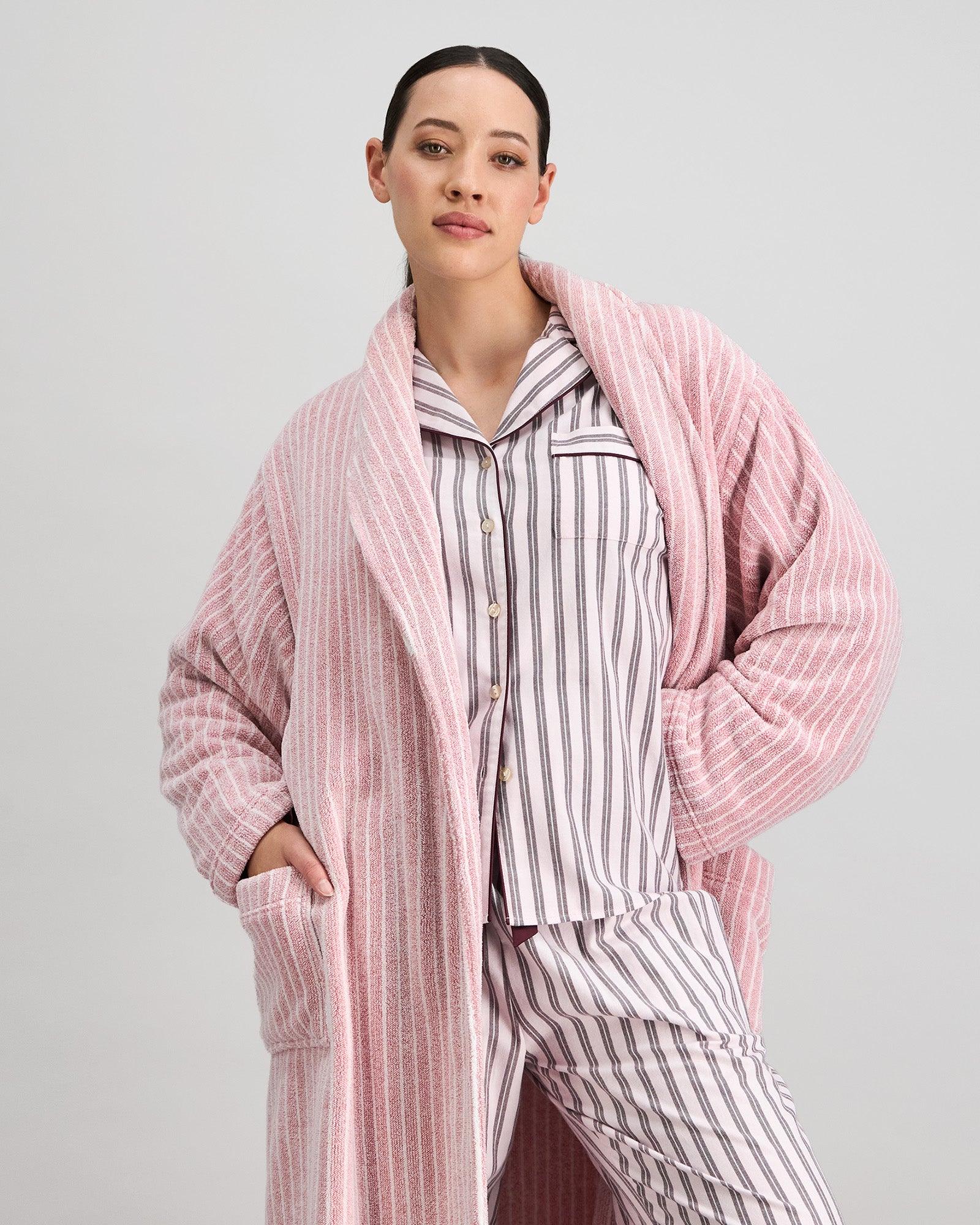 Marbella Robe in PINK MARL STRIPE. Flat lay back view