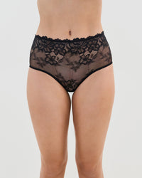 Model wears All Lacey Full Brief in BLACK. On body front view